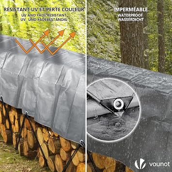 VOUNOT 3x4m tarpaulin 240 g/m² waterproof truck tarpaulin with eyelets protective tarpaulin fabric tarpaulin for garden furniture wood trampoline poll car tear-resistant coated on both sides gray