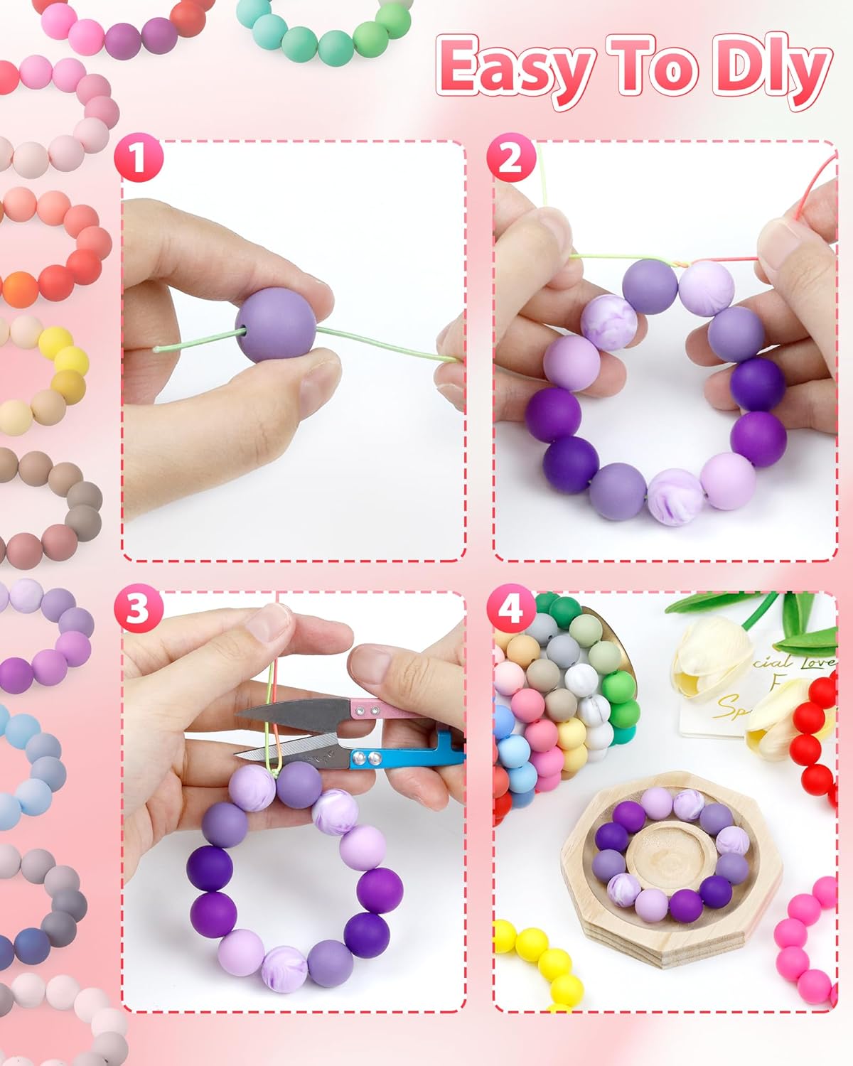 160PCS FIVEIZERO 15mm Silicone Beads for Keychain Making Valentine's Day Mixed Color Round Rubber Beads Bulk, DIY Craft Supplies for Bracelets Necklaces Pens(Pink) - Image 4