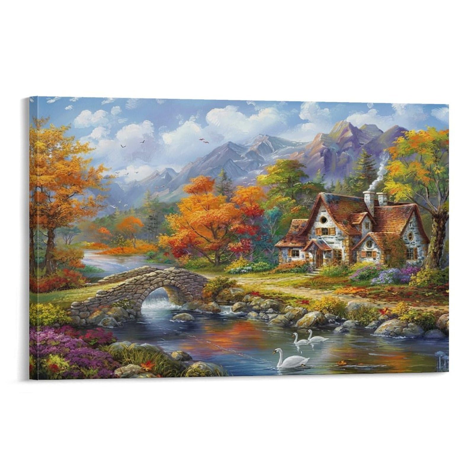 Cplvkwrqj Frame-Style-9 Autumn Cottage Scene Individual Mountain Cottage Swans Stone Bridge Wall Art Decor - Kitchen Removable Canvas Wall Art Multi-Purpose Focal Point 20X30inch(50X75cm)