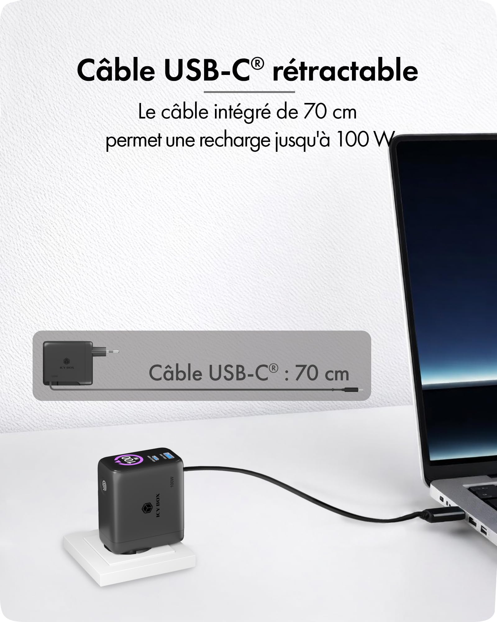 ICY Box Club Charger IB-PS1002 Chargeur Rapide USB-C GaN avec écran, 2 Ports USB-C + USB-A Multi-Ports, câble USB-C rétractable intégré de 70 cm, Bloc d'alimentation Power Delivery, IB-PS1002