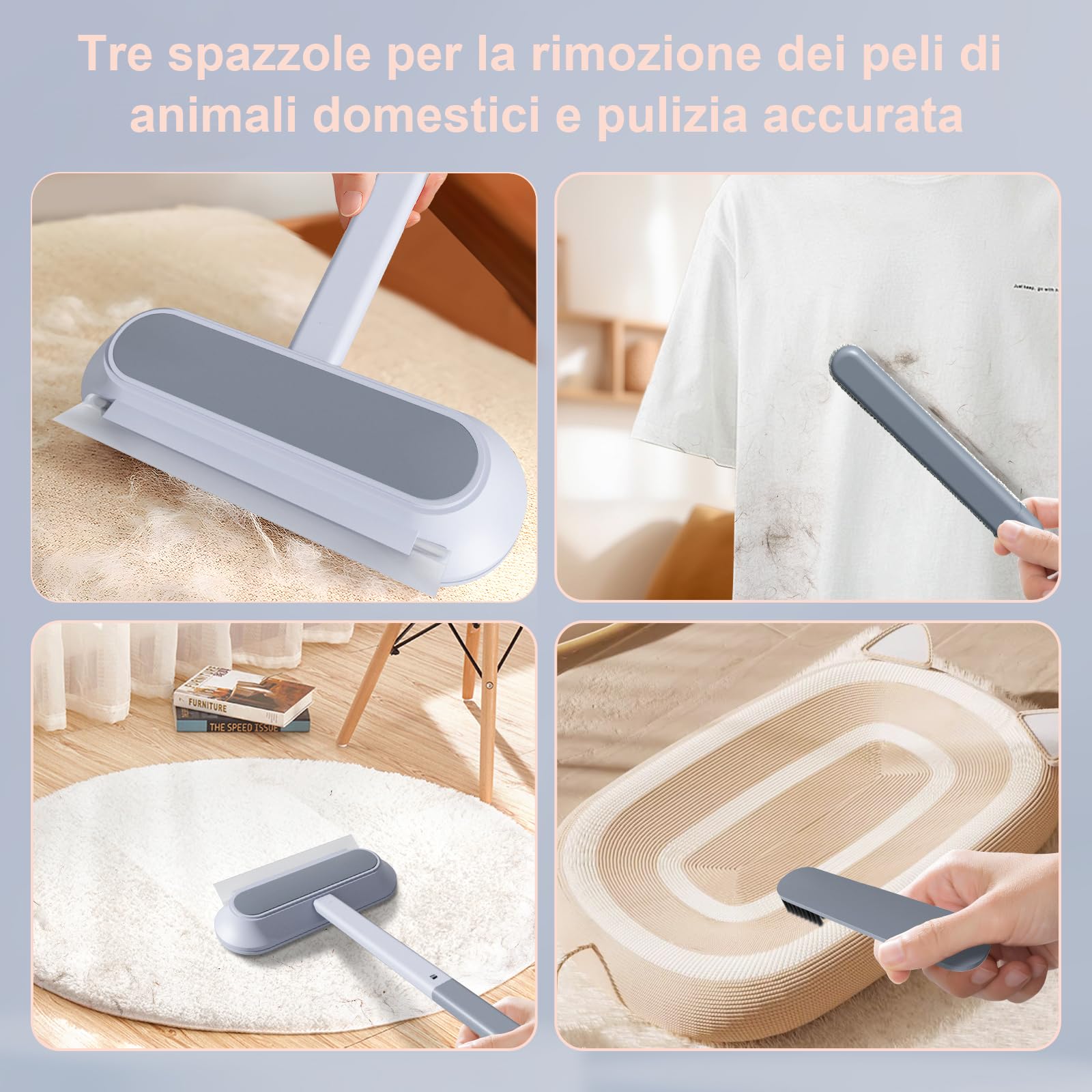 Set di spazzole per la rimozione dei peli di Animali Domestici 4 in 1 con Asta di prolunga per la rimozione dei peli di Cani e Gatti, riutilizzabili, Invece di Rotolo di Pelucchi, per divani,