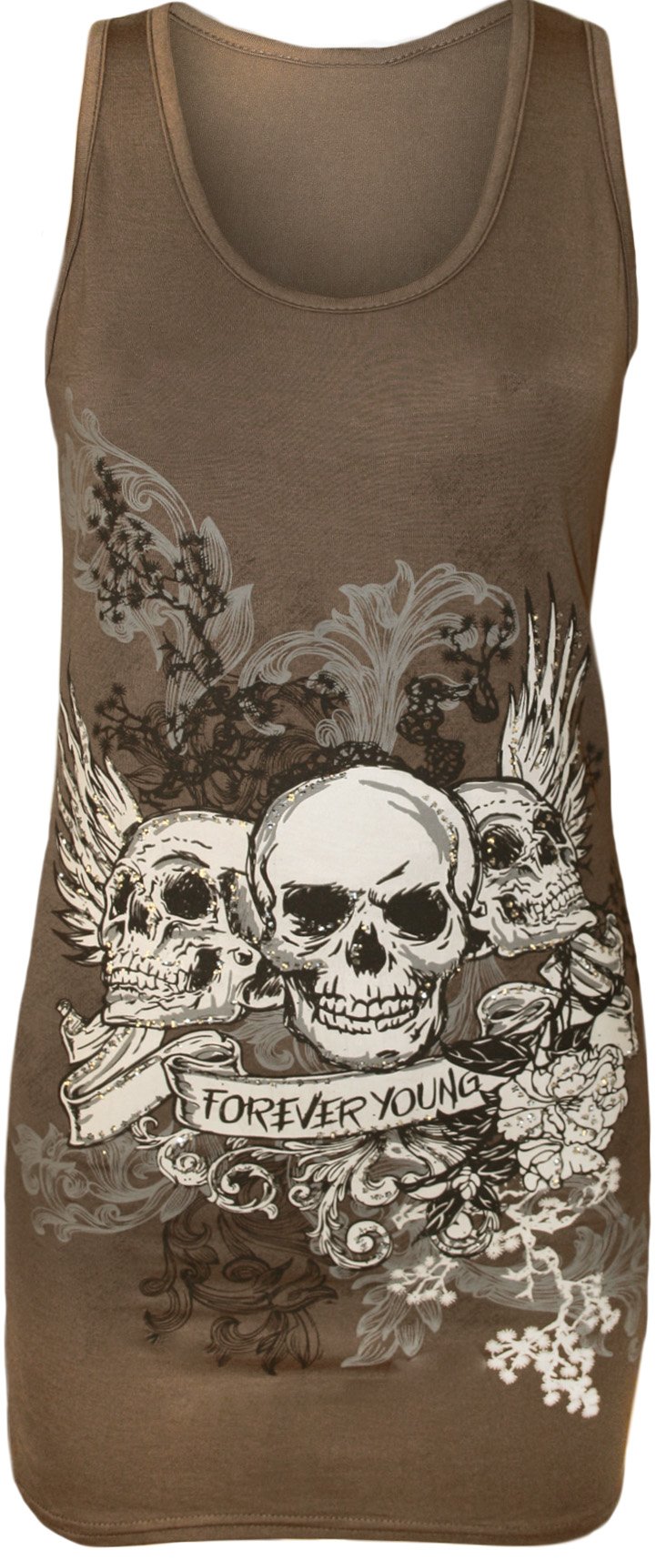 WearAll Womens Skull Forever Young Print Racer Back Sleeveless Ladies Vest Top - Mocha - 8-10