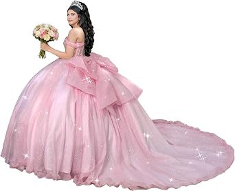فستان Mauuwy Glitter Quinceanera فستان كروي متعدد الطبقات مطرز بخرز حلو 16 فستانًا مع فيونكة لامعة مكشوفة الكتفين Vestidos De 15 Anos