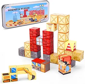 35pcs Portable Mini Magnetic Blocks Travel Set,Mini Magnetic Tiles for Kids with Skyscraper Theme Magnet Box,Building Magnetic Cubes for Kids Airplane Car Travel Roadtrip Essentials