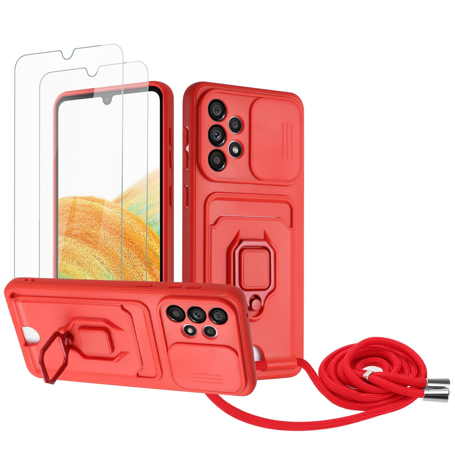 Zallagre Funda con Cuerda Compatible con Redmi Note 13 Pro 5G,[2 Packs Cristal Templado],Ranura para Tarjetas,Cubierta de Cámara Deslizante Proteger,360 Anillo Soporte-Morado — view 116