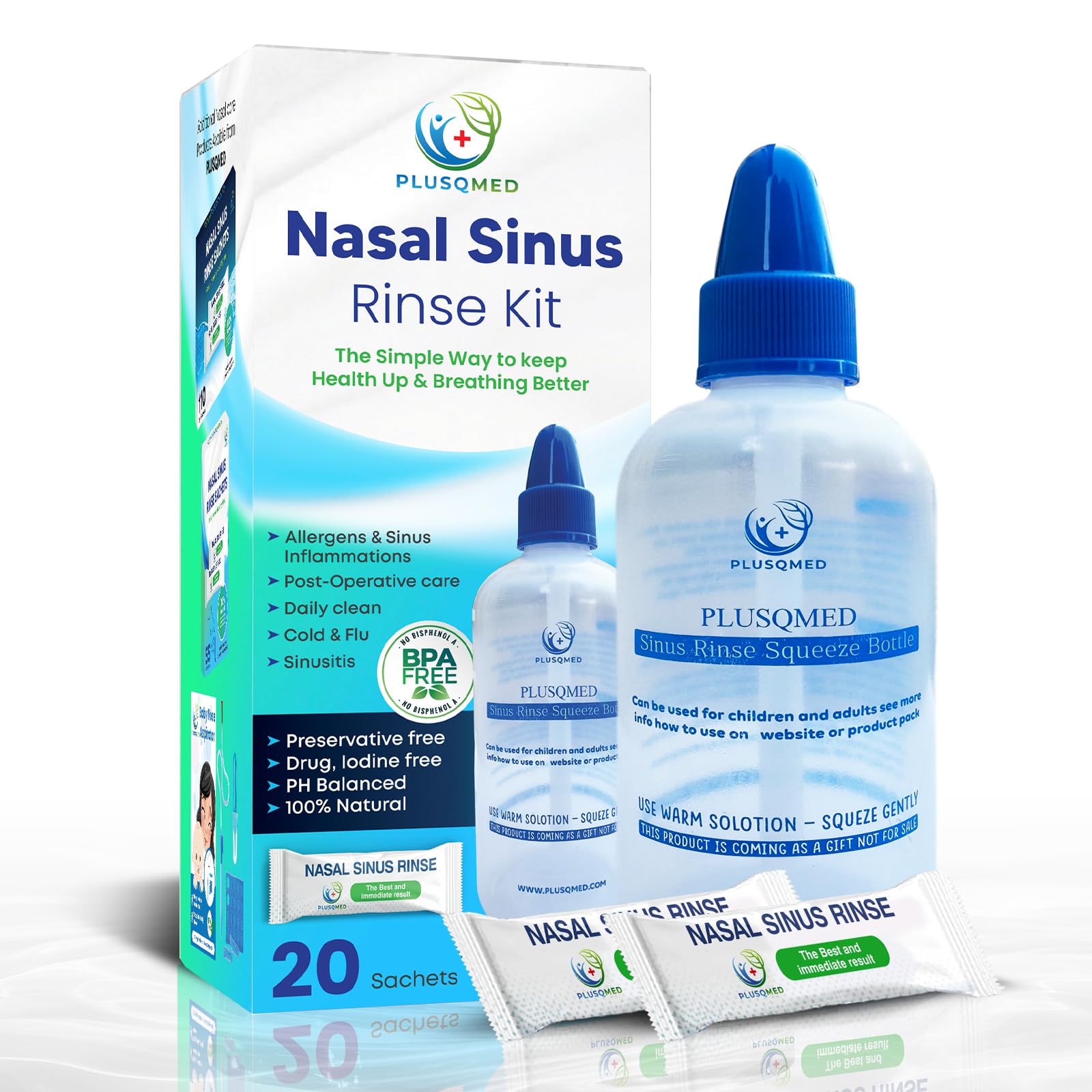Kit per risciacquo sinusale, bottiglia da spremere, Neti Pot,+20 bustine di sale, Original Plusqmed, lavaggio nasale, risciacquo sinusale, adulti, bambini a partire da 2 anni, doccia nasale per la