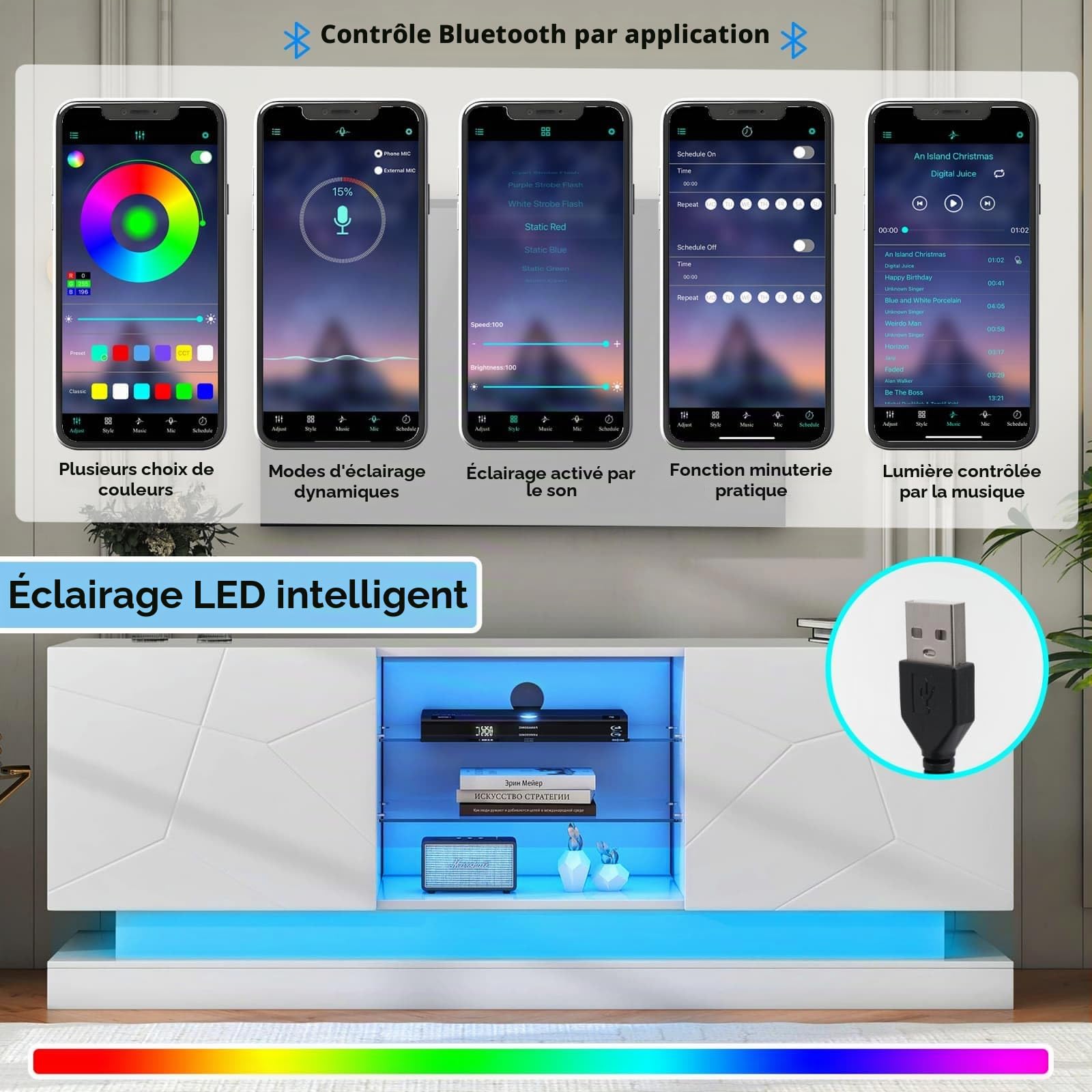 KOMHTOM Meuble TV Moderne avec éclairage LED 16 Couleurs, Meuble télé avec 2 Portes et des séparations réglables, Meuble de Salon avec Rangement (Blanc, 160x38.5x60cm)