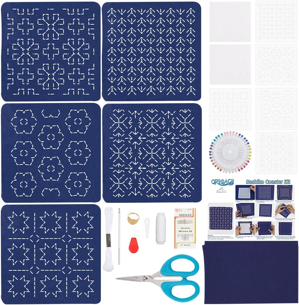 ORIGACH 5 Set Sashiko Coaster Kit, Japanese Traditional Sewing Kit, Handmade Coaster Set with Thread, Needle, and Five Different Designs on Navy Blue Fabric