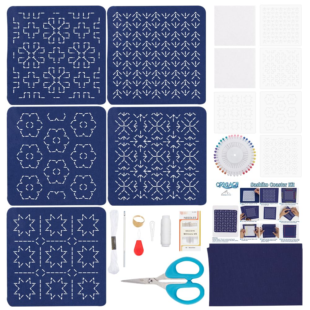 ORIGACH 5 Set Sashiko Coaster Kit, Japanese Traditional Sewing Kit, Handmade Coaster Kit with Thread, Needle, and Five Different Designs on Navy Blue Fabric