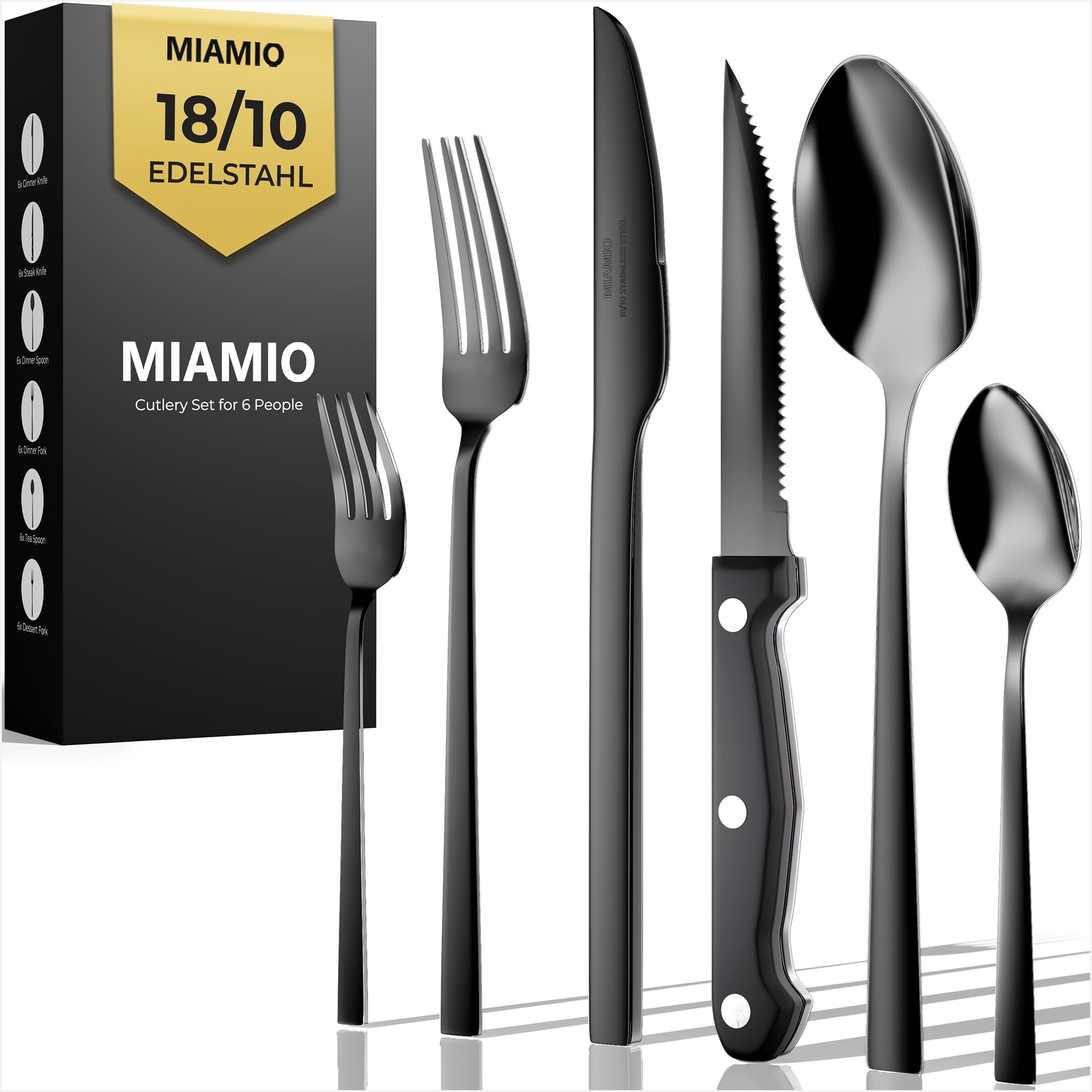 MIAMIO - Besteckset/Edelstahl Besteck Set 36er, Edelstahl 18/10 (Schwarz) | Besteck Set 18/10 Edelstahl, Besteckset mit (Steak-)Messern, Gabeln & Löffeln (36-Teilig) für 6 Personen - spülmaschinenfest