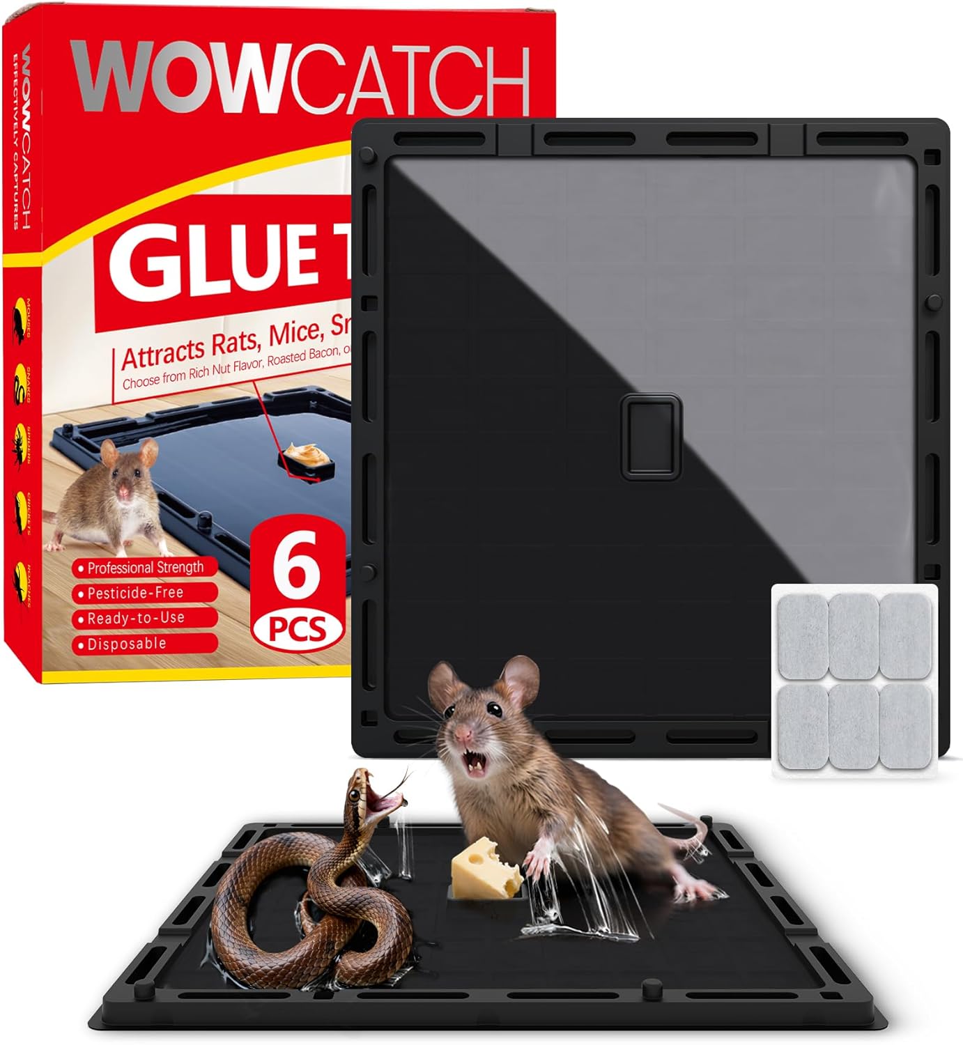Jumbo Rat, Snake & Mouse Glue Traps - 6 Pack Extra Large Heavy Duty Sticky Traps Indoor for Home, Strong Adhesive Plastic Tray for Rodents, Non-Toxic Pest Control for House & Garage