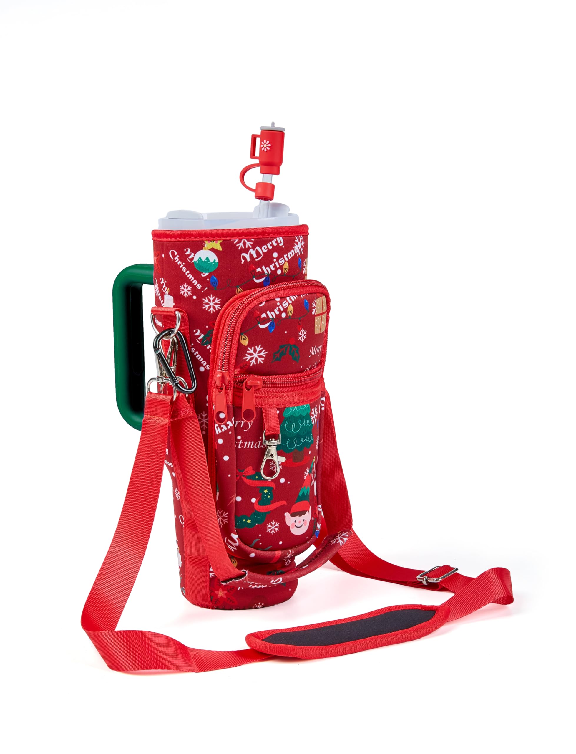 Christmas Water Bottle Carrier Bag with Pouch, Durable Stanley Carrier for Stanley 40 oz Tumbler with Handle, with Extra One Blind Box Straw Cover, Stanley Cup Accessories for Travelling