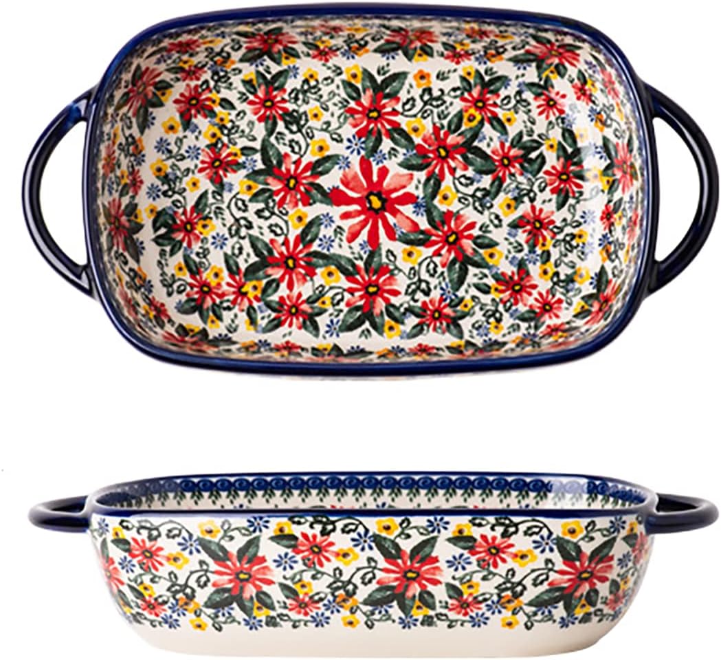 Red Daisy Flower Vintage Style Ceramic Bakeware Casserole Dish Baking Pan Lasagna Pans Baking Dish with Handles for Oven/Cooking/Kitchen-1 PCS, 22 OZ