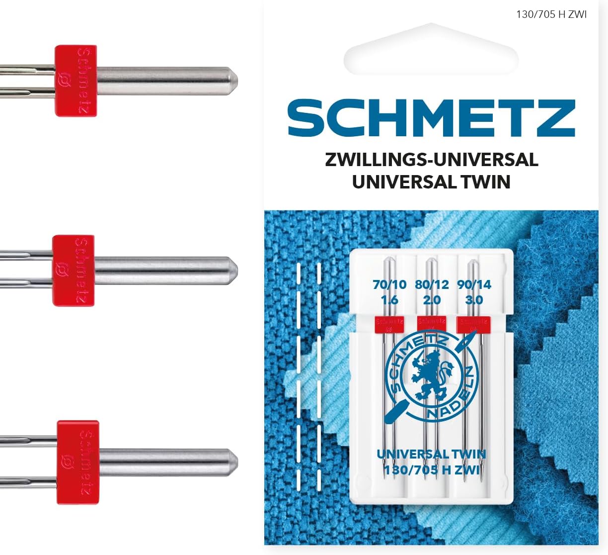 3 Sewing Machine Needle | Universal Twin | 130/705 H ZWI SORT. THS | Size 1.6/70, 2.0/80 und 3.0/90