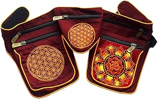 Red AUM Mandala - Riñonera (flor de la vida, luz negra activa, 7 bolsillos, de los cuales 5 con cierre de cremallera de alta calidad) goa beltbag psicodélico bolso de hombro color rojo,