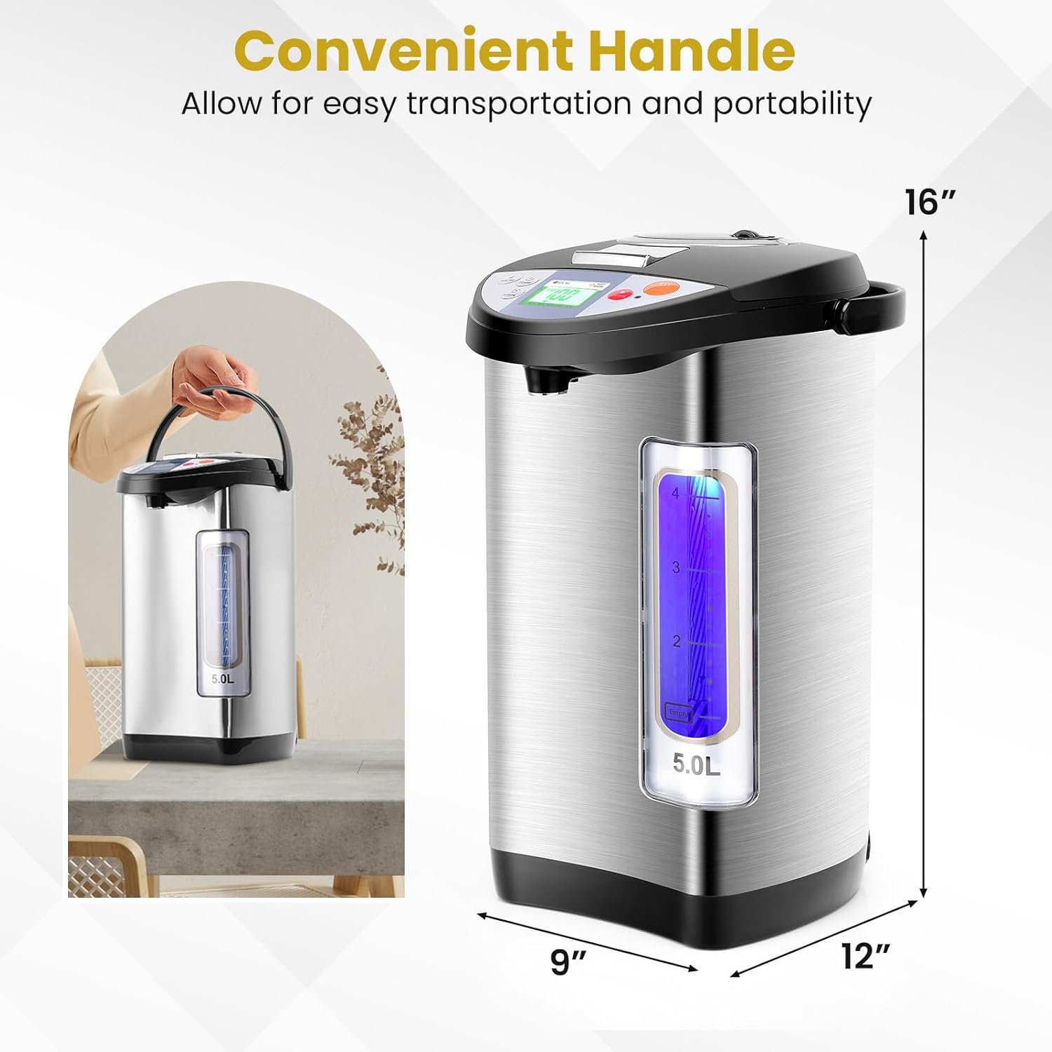 KOTEK Electric Hot Water Boiler and Warmer, Hot Water Dispenser, Stainless Steel Water Boiler w/5 Stage Temperature Settings, Safety Lock, Electric Hot Water Pot, 5-Liter