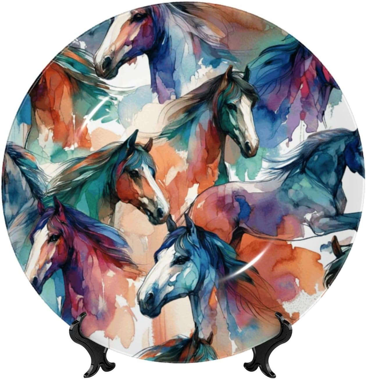Watercolor-Horse-Colorful 10 Inch Decorative Plate With Stand, Elegant Display Wall Plate For Home Decor