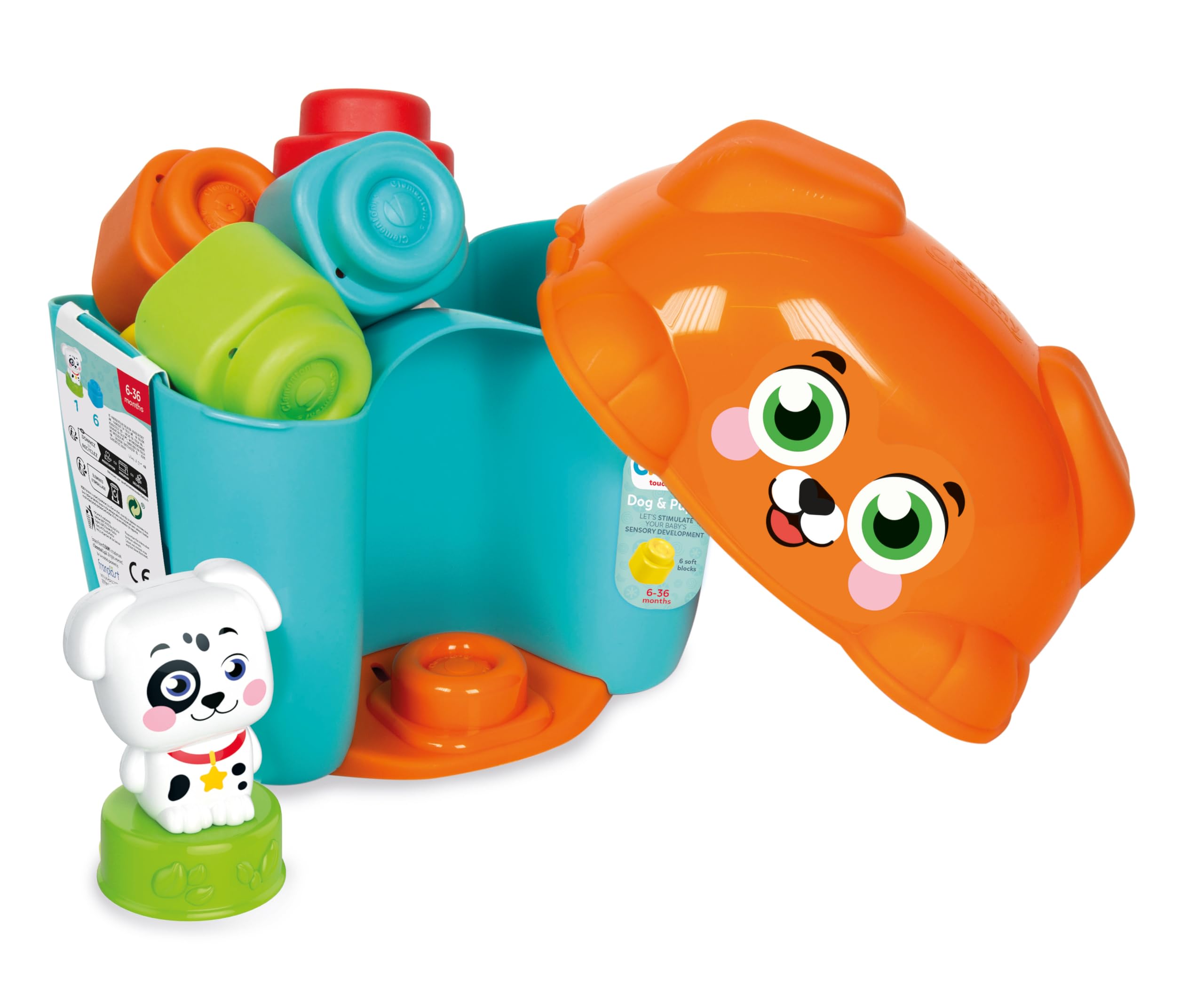 Clementoni - 17769 - Soft Clemmy - Dog & Puppy Bucket - Zabawka Konstrukcyjna Dla Dzieci Od 6 Miesięcy, Miękkie Klocki