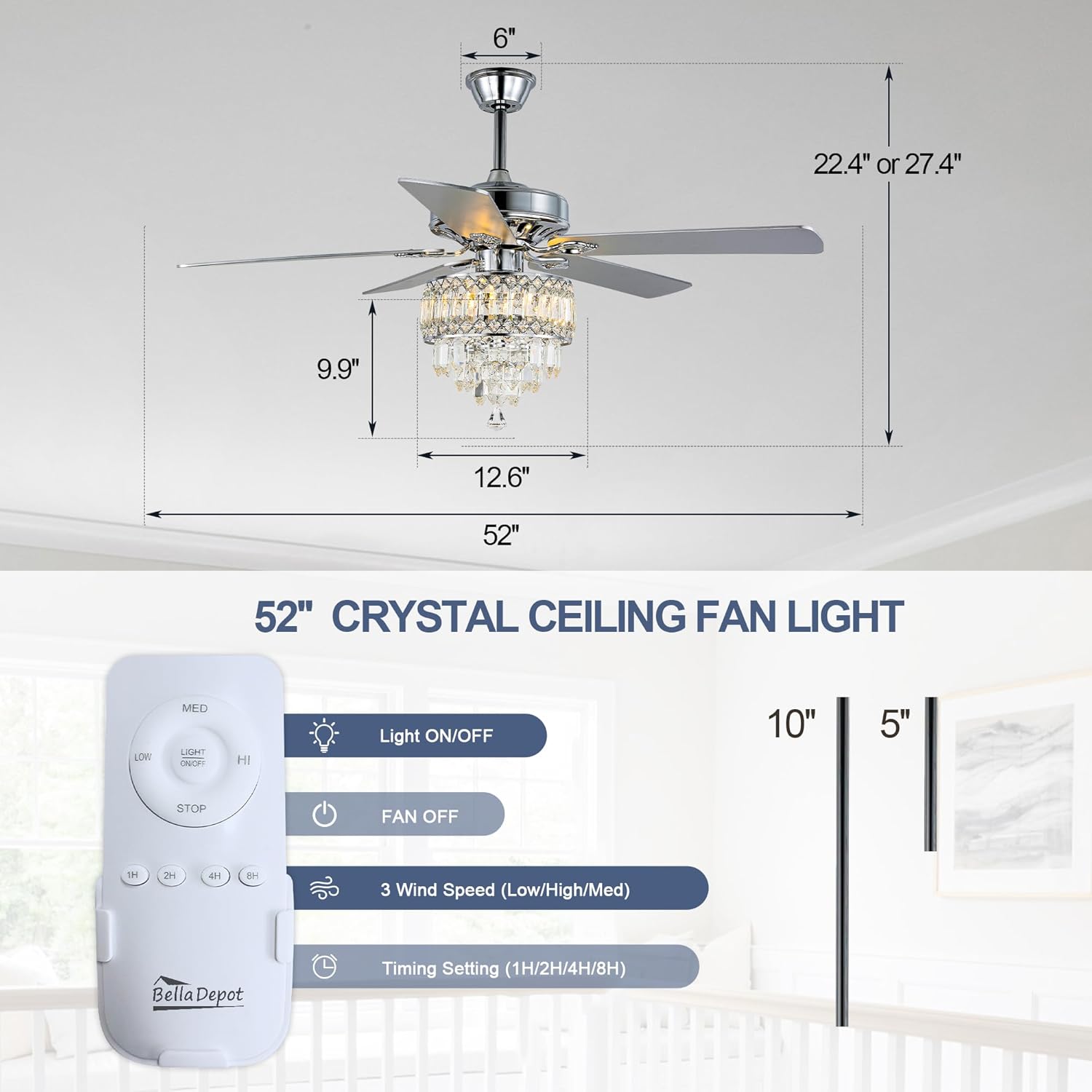 Bella Depot 52 Inch Crystal Ceiling Fan, Chandelier Fan with Lights and Remote Wood Blades Modern Fandelier Fan for Bedroom Living Room (Chrome)