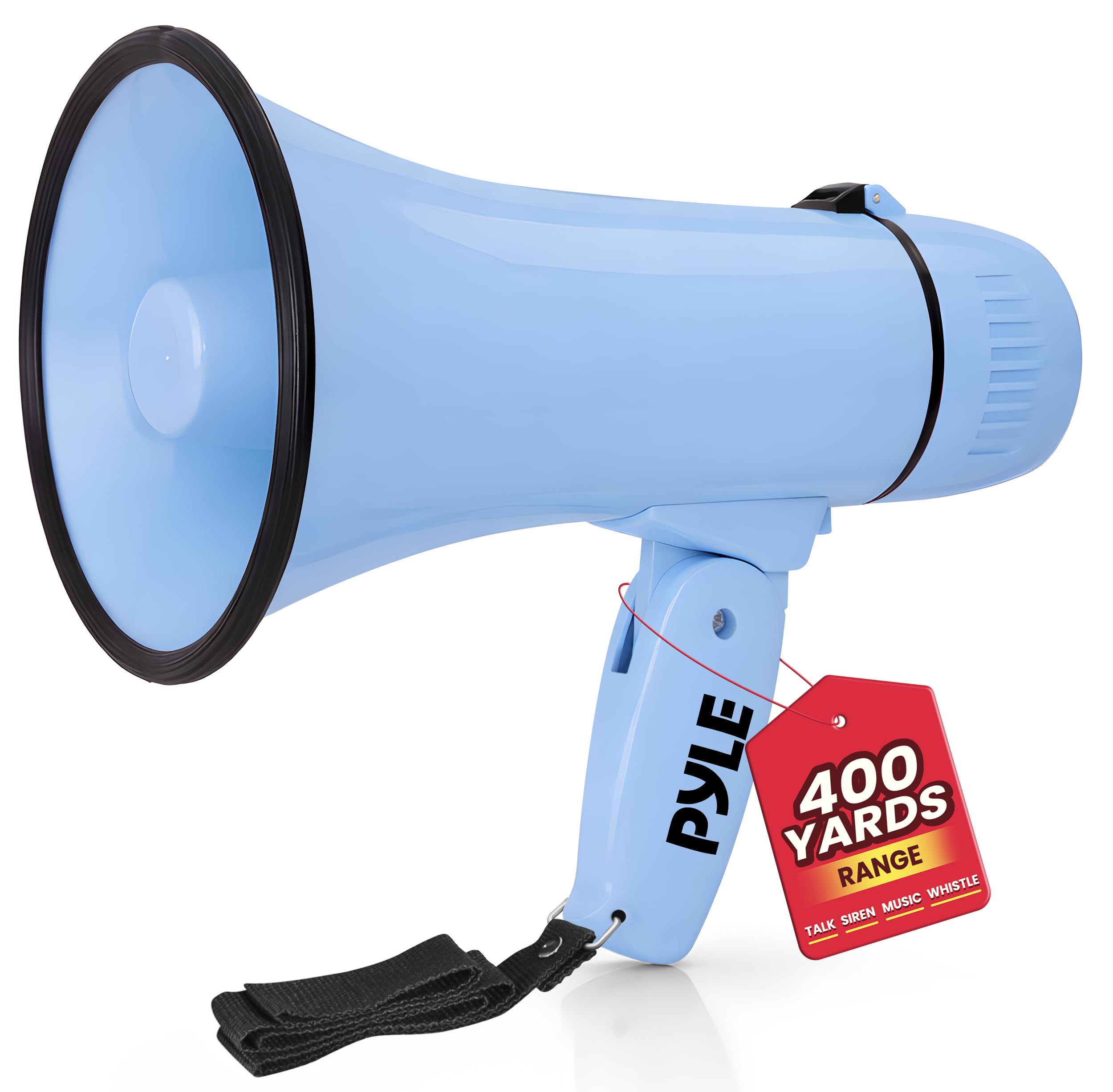 Pyle 20W Megaphone Bullhorn - Portable, Automatic Siren & Adjustable Volume,Projection Range Up to 400 Square Yards, Aux Input, Talk, Siren, Music, Whistle, & Record, Shoulder Strap (Blue)