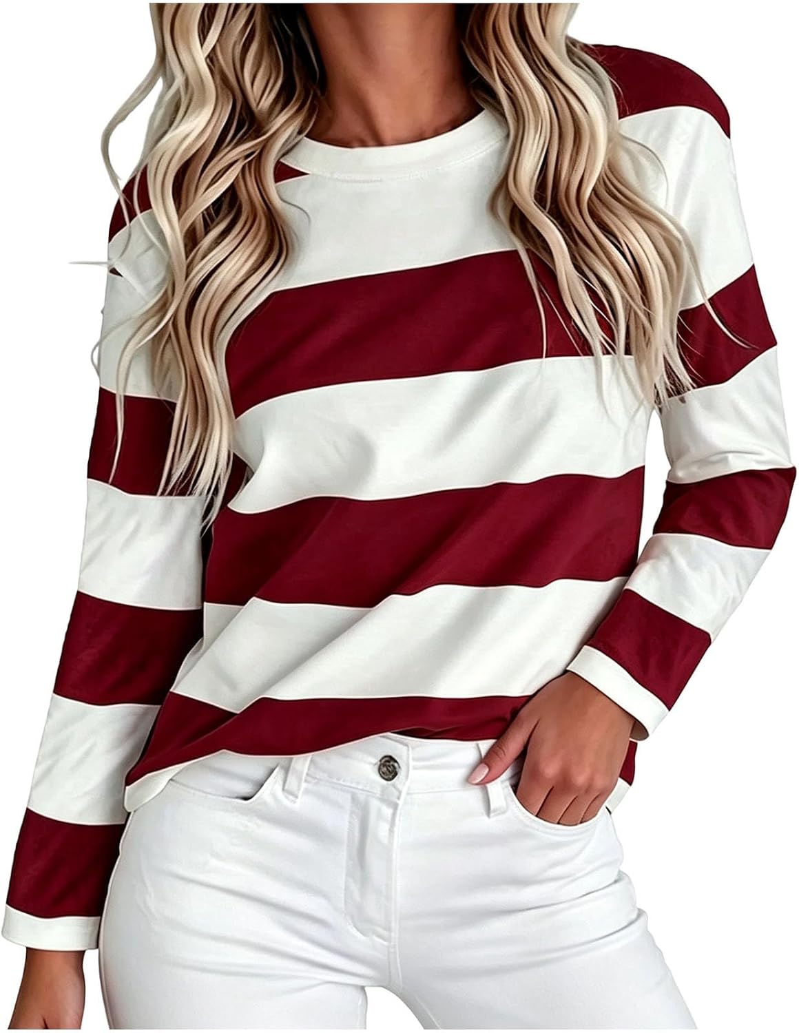 T Shirts for Women Striped Crew Neck Long Sleeve Casual Blouse