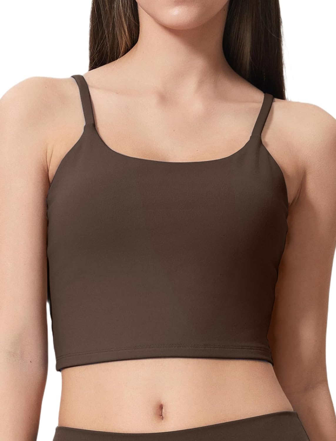 Yvette Women's Longline Sports Bra, Scoop Neck Workout Tank Tops with Built in Bra Spaghetti Strap Yoga Camisole