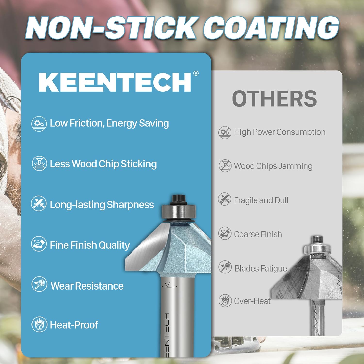 KEENTECH Router Bits, Carbide Tipped 45 Degree Chamfer Router Bit for Edge Forming, Industrial Grade Blue Cutting Tools for Woodworking (1/2 Inch Shank x 1-1/8 Inch Bevel x 1 Inch Depth, KT02031808)