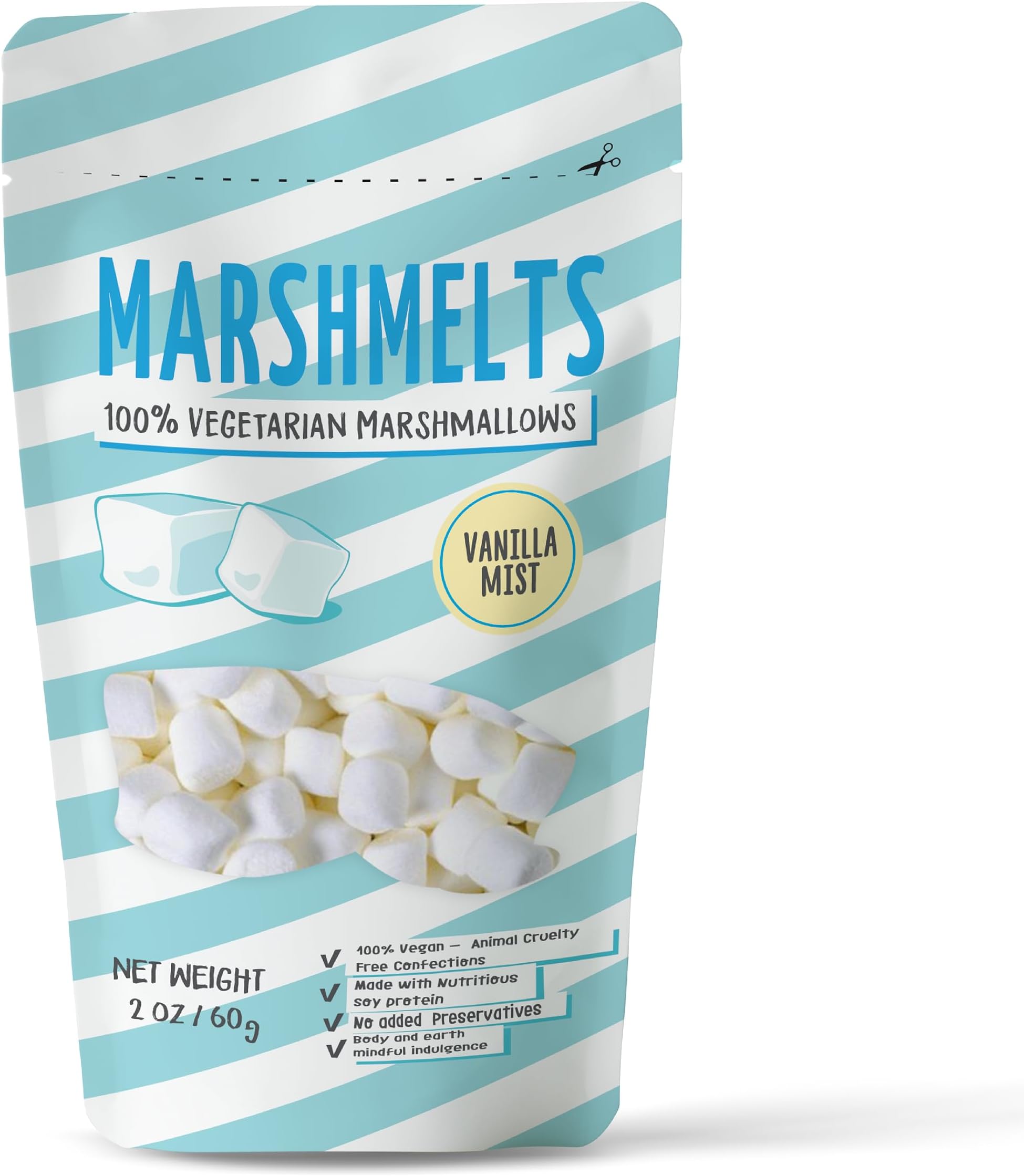 Marshmelts Gourmet Marshmallows 60gm | Soft, Fluffy & Cylindrical Shape | Vanilla Mist Flavor | Mini Marshmallow | Vegetarian, Trans Fat & Gluten-Free | Candy For Kids | No Added Preservatives