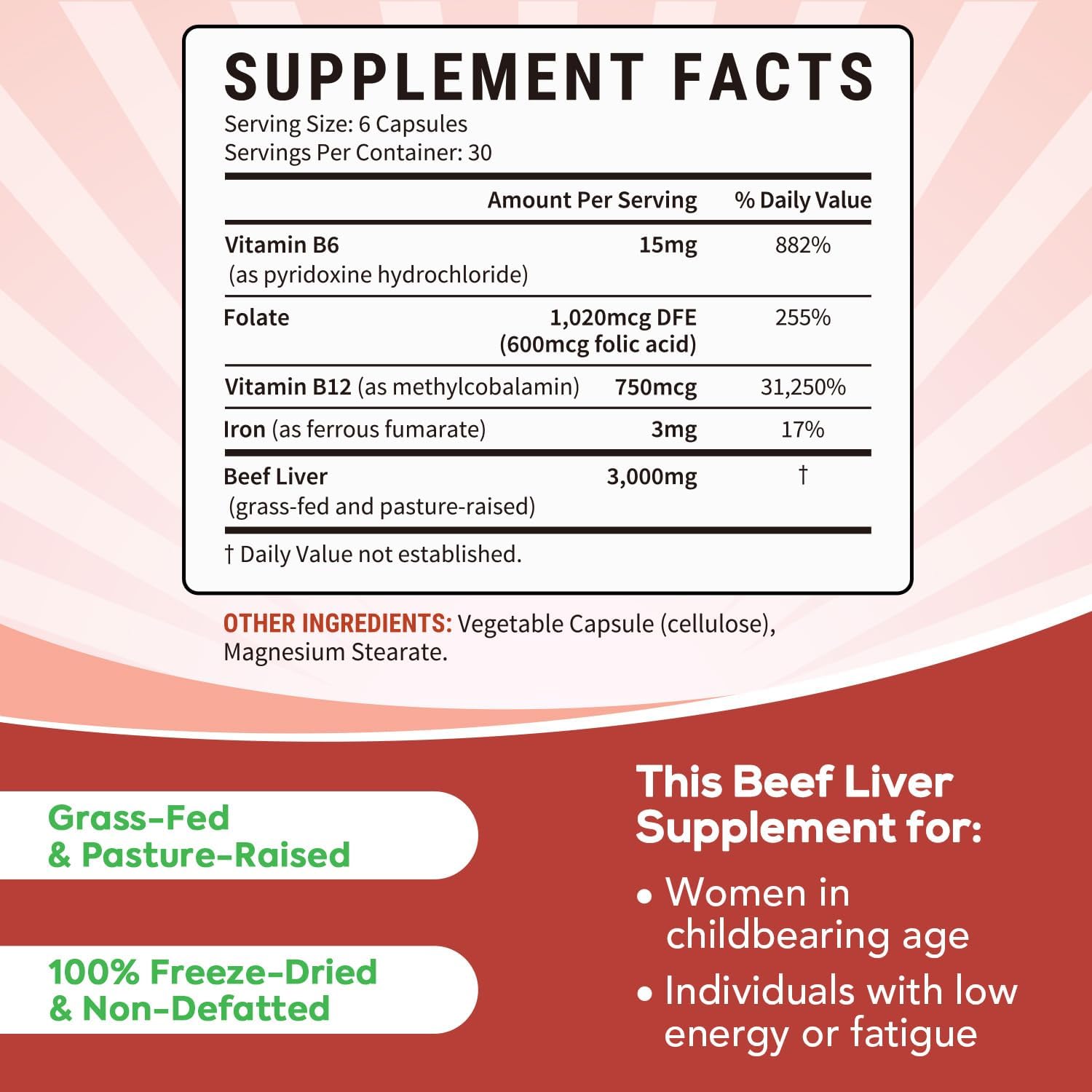 Grass-Fed & Pasture-Raised Beef Liver Plus, 3000 mg, Vitamin B6, B9, B12, Iron, No Hormone, Non-GMO, Non-Defatted, Freeze-Dried Liver Health Supplement, 180 Caps
