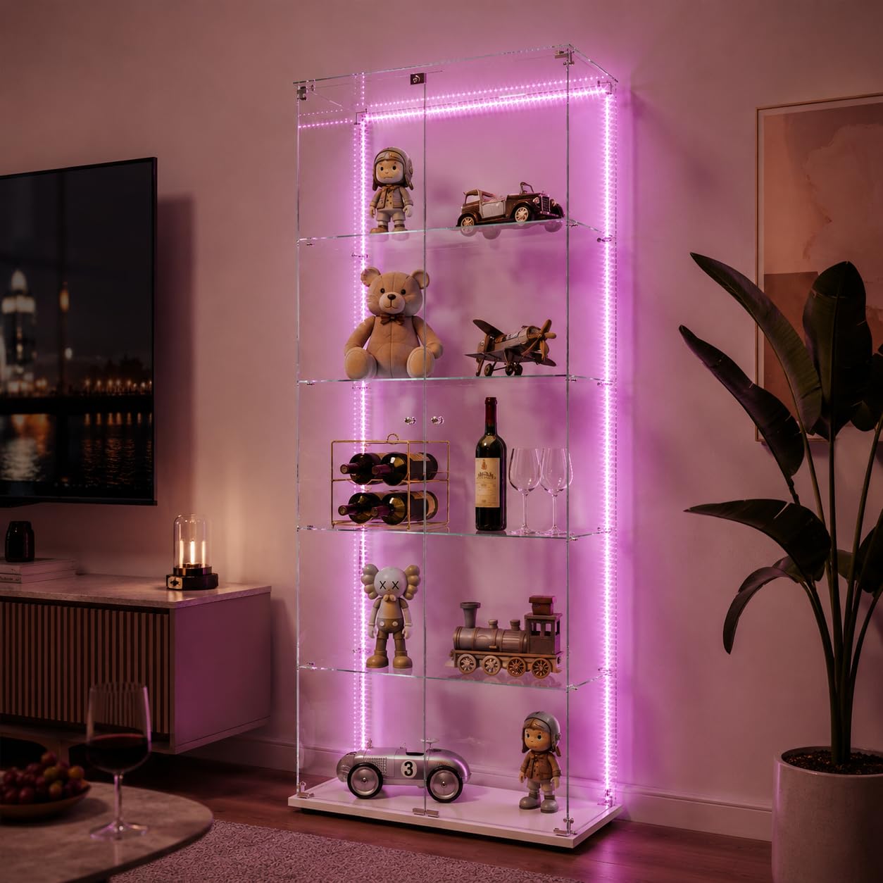 Vetrina in vetro con LED,Armadio vetrina per collezione con 2 ante 5 ripiani trasparente mobile vetrina vetro vetrine statuetta armadio soggiorno bar (5 piani 2 porte+LED-1, bianco)
