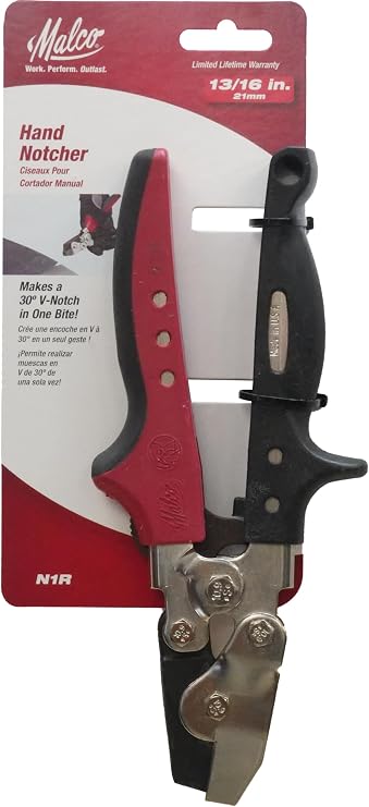 Malco N1R 13/16-Inch Hand Notcher | 30-Degree V-Shaped Cut for Sheet Metal | Drop-Forged Alloy Steel Jaws | Redline Ergonomic Handles | Professional HVAC & Metal Tool