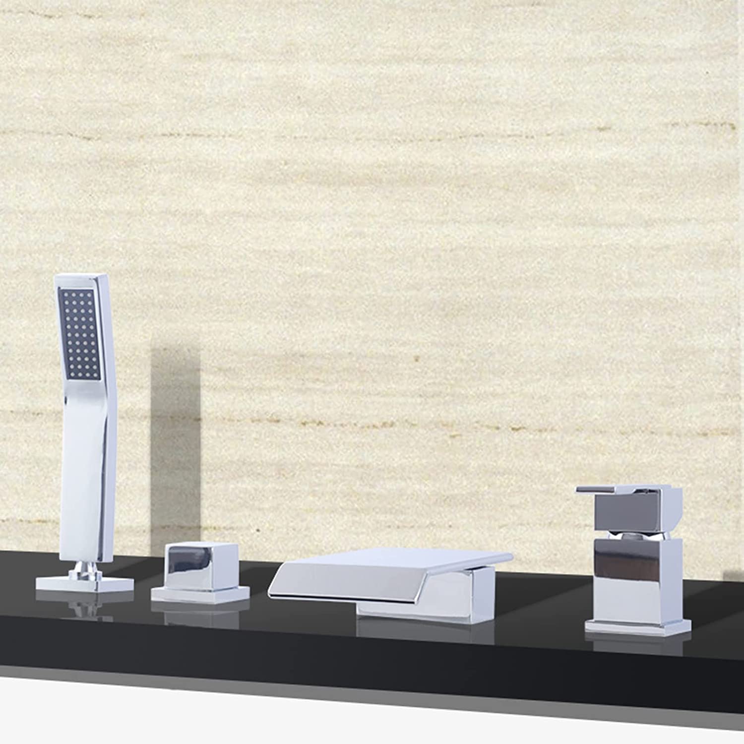 Rubinetto per vasca da bagno a cascata 4 fori rubinetti per vasca romana montaggio su ponte per vasca da bagno in ottone cromato rubinetto doccia set con doccia portatile e tubo doccia