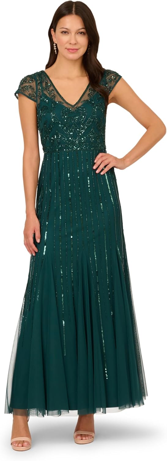 Adrianna Papell Womens Beaded Long Dress