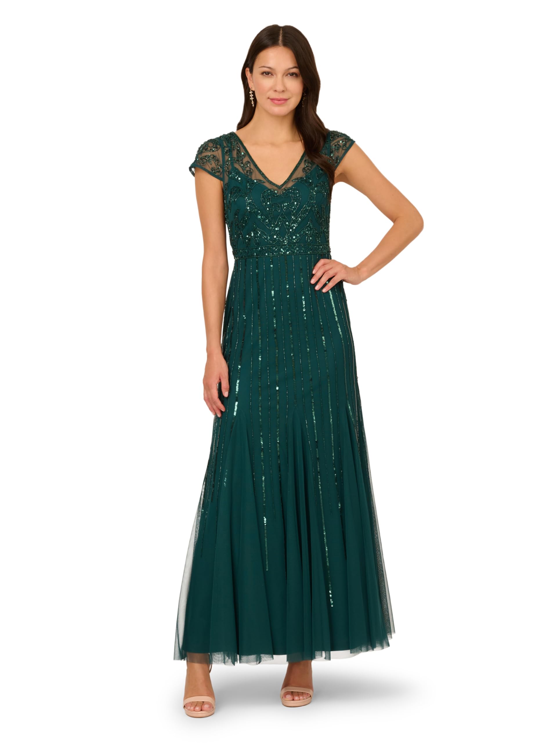 Adrianna Papell Women's Beaded Long Special Occasion Dress, Gem Green, 20