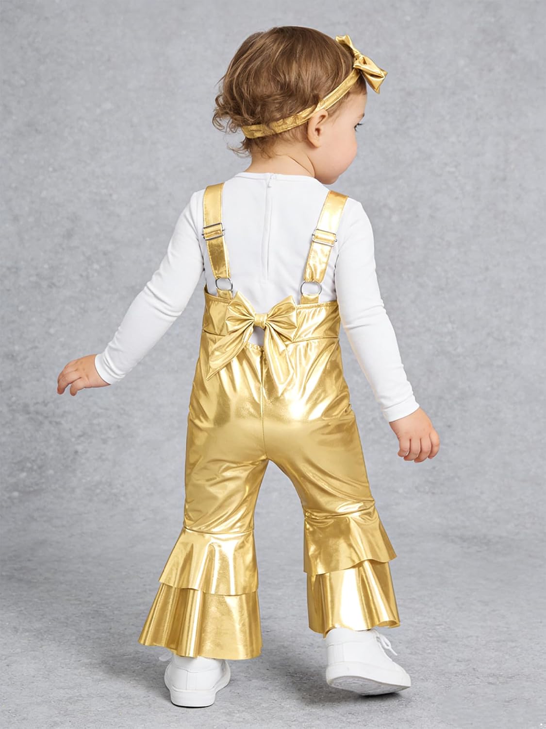 Infant Baby Girls Sparkly Ruffles Pants Coveralls Shiny Metallic Overalls with Headwear Gold 3-4 Years