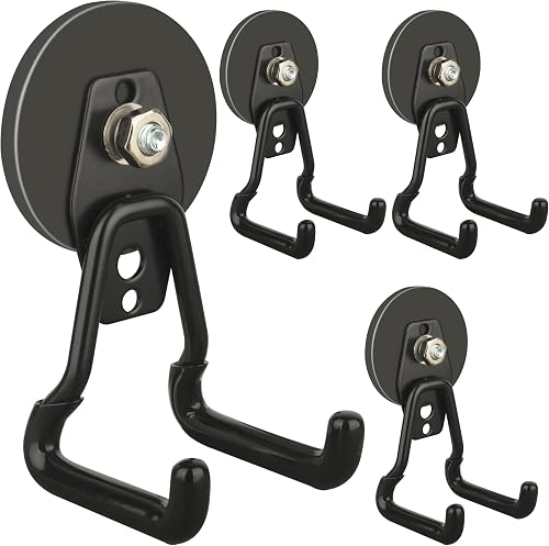 ULIBERMAGNET Heavy Duty Magnetic Hooks 20LB, 4 Pack Rubber Coated Magnet Hooks for Garage, Workshop & Pegboard Storage (Black)