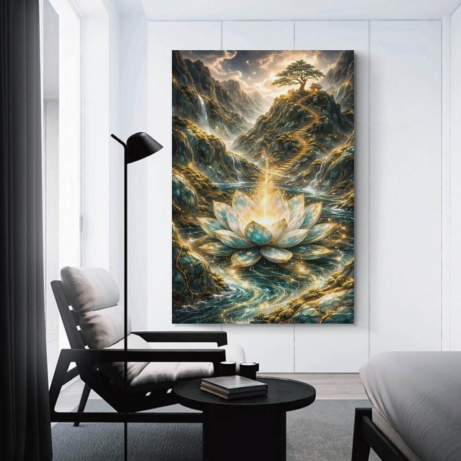 Junmoney Decorative Canvas Print Enlightened Lotus in Mountain Valley, 24x36inch(60x90cm), for New Homes, Bedrooms Or Workspaces, Thoughtful Wall Decor for Art Lovers