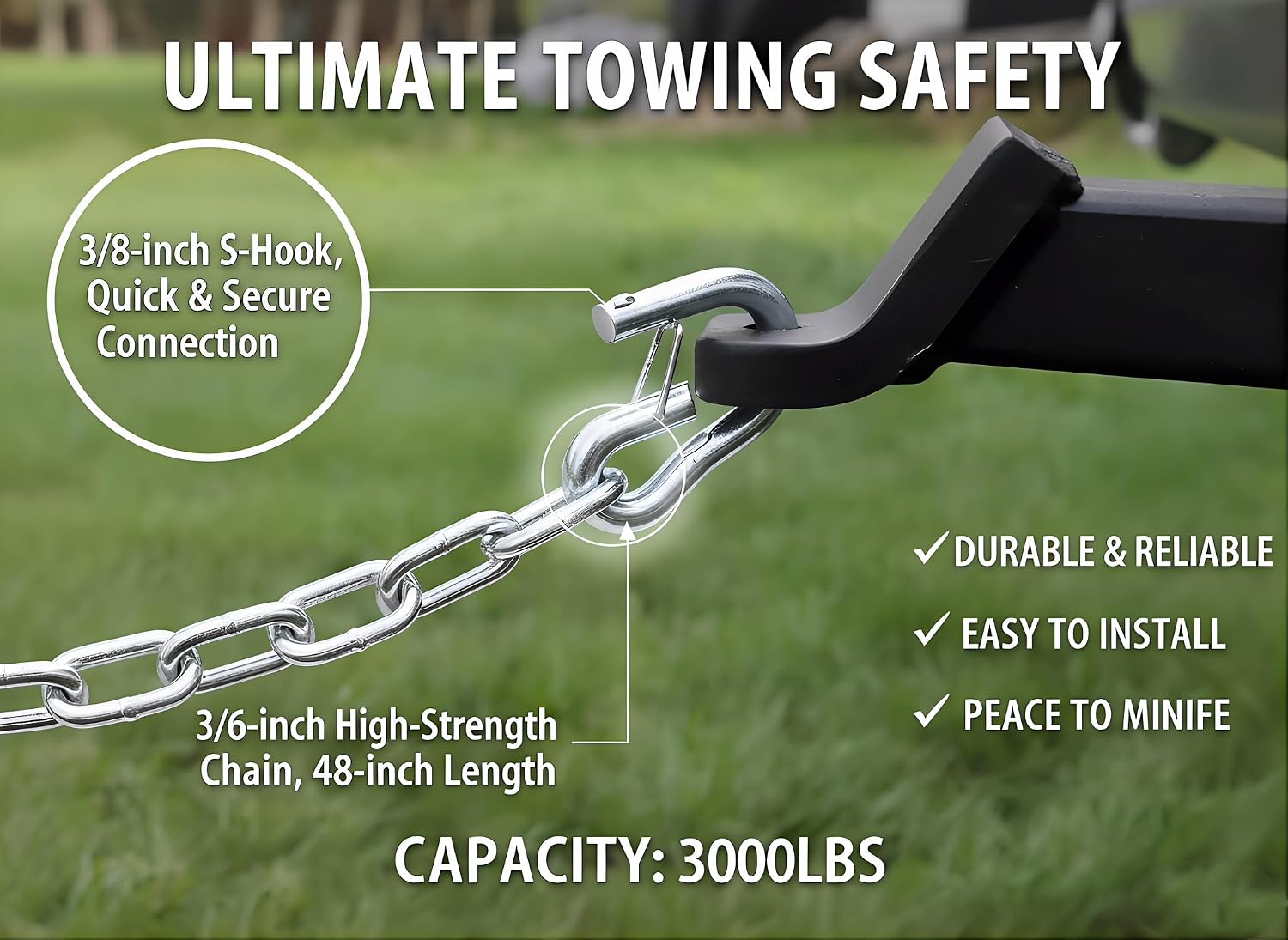 3PCS Trailer Safety Chains 3/16 x 48 Inch Grade 30 Zinc Plated Steel with Heavy Duty S Hooks | Trailer Hitch Safety Replacement Chain Kit for Camper, Utility, Boat, ATV, RV, Truck Tow (3)