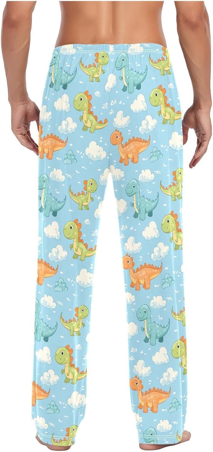 ZZKKO Mens Lounge Pajama Pants for Men Cartoon Dinosaur Cloud Men's PJ Bottoms Lounge Sleepwear With Pockets Drawstring Long Pants 100% Cotton XL