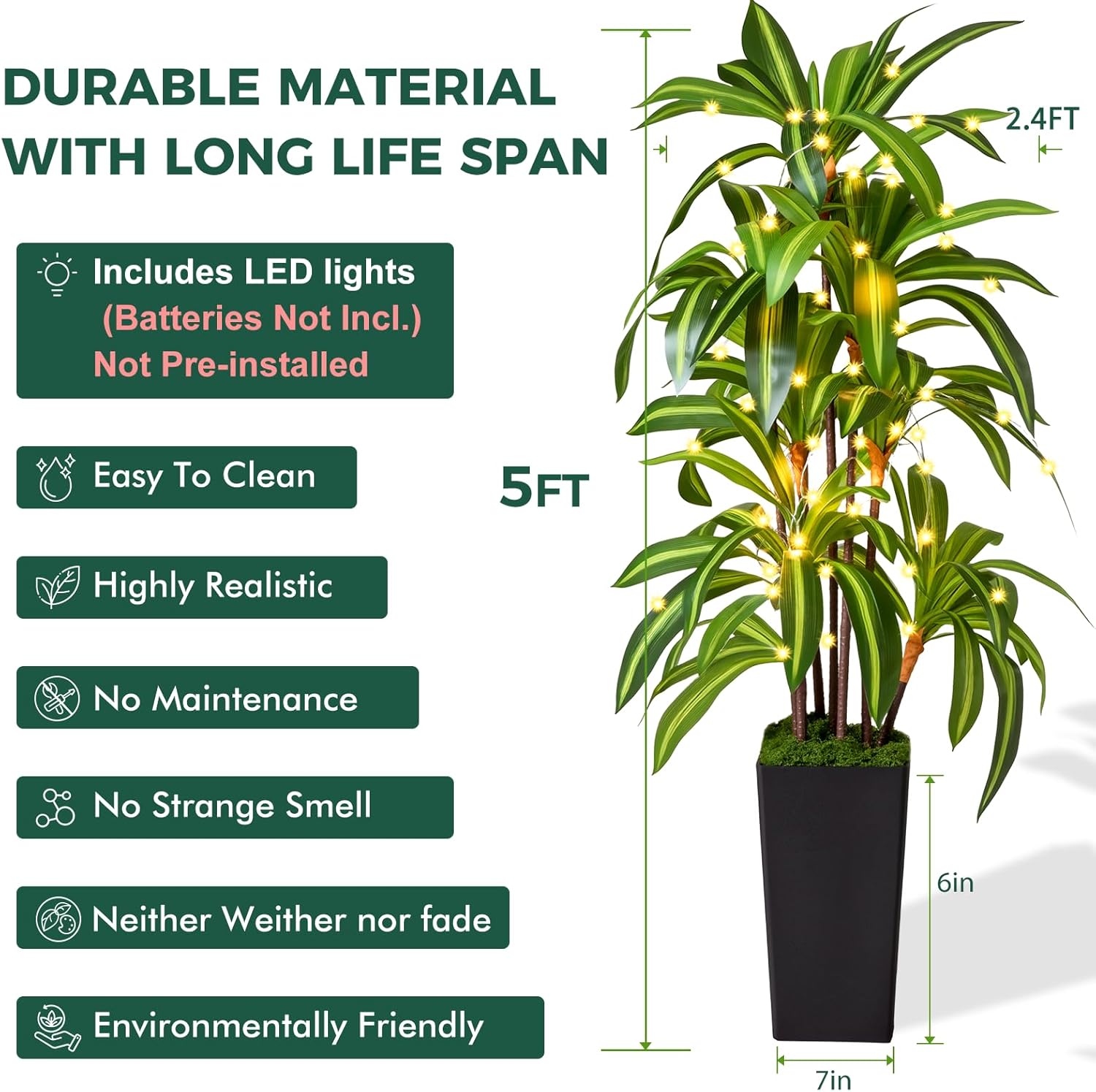 Artificial Dracaena Tree with Lights, 5Ft Fake Plants with Black Tall Planter - Fake Tree Tall Faux Plants Indoor Floor Plant with Moss - Artificial Plants Indoor for Office Living Room Home Decor