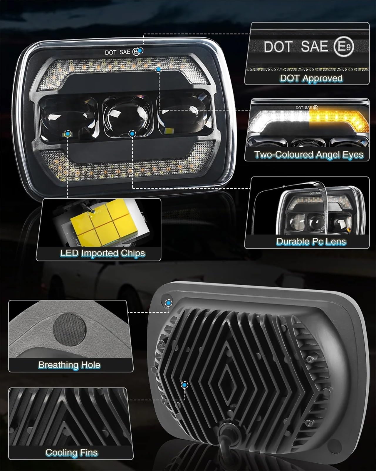 Head Lamp 7x6 5x7 Reflektory LED H6054 Z wysokimi światłami mijania i pomarańczowym kierunkowskazem Pasuje do Jeep Wrangler YJ Pasuje do Cherokee XJ(2PCS T002V)