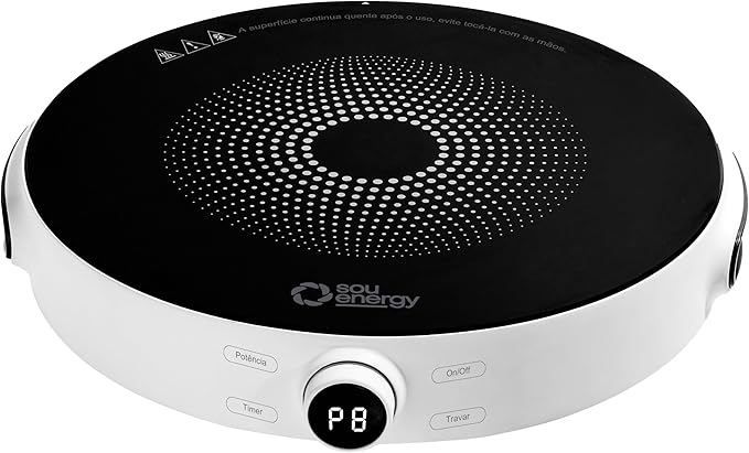 Fogão cooktop de indução portátil Sou Energy com acabamento em vidro preto e base branca, mostrando o painel digital centralizado.