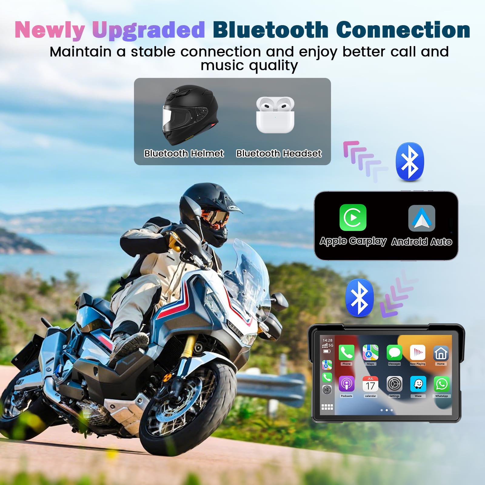 Schermo Carplay Moto 7 Pollici Portatile GPS Impermeabile Bluetooth Carplay Android Auto Supporto Magnetico
