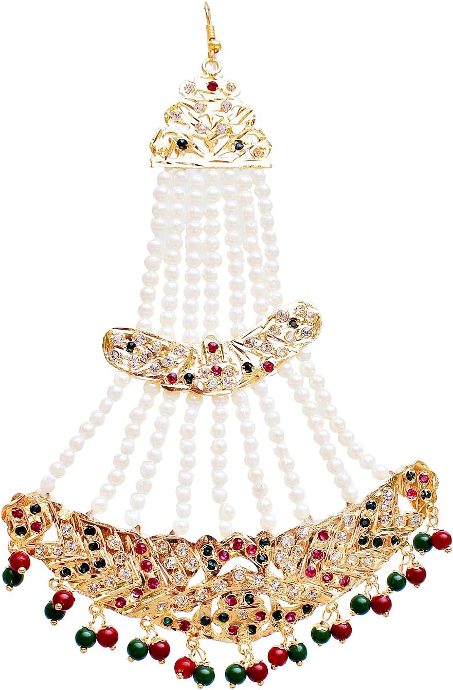 Lucky JewelleryWhite Magenta Green Stone Multilayered Pearl Kundan Passa for Women (660-CKN-C194-RG)