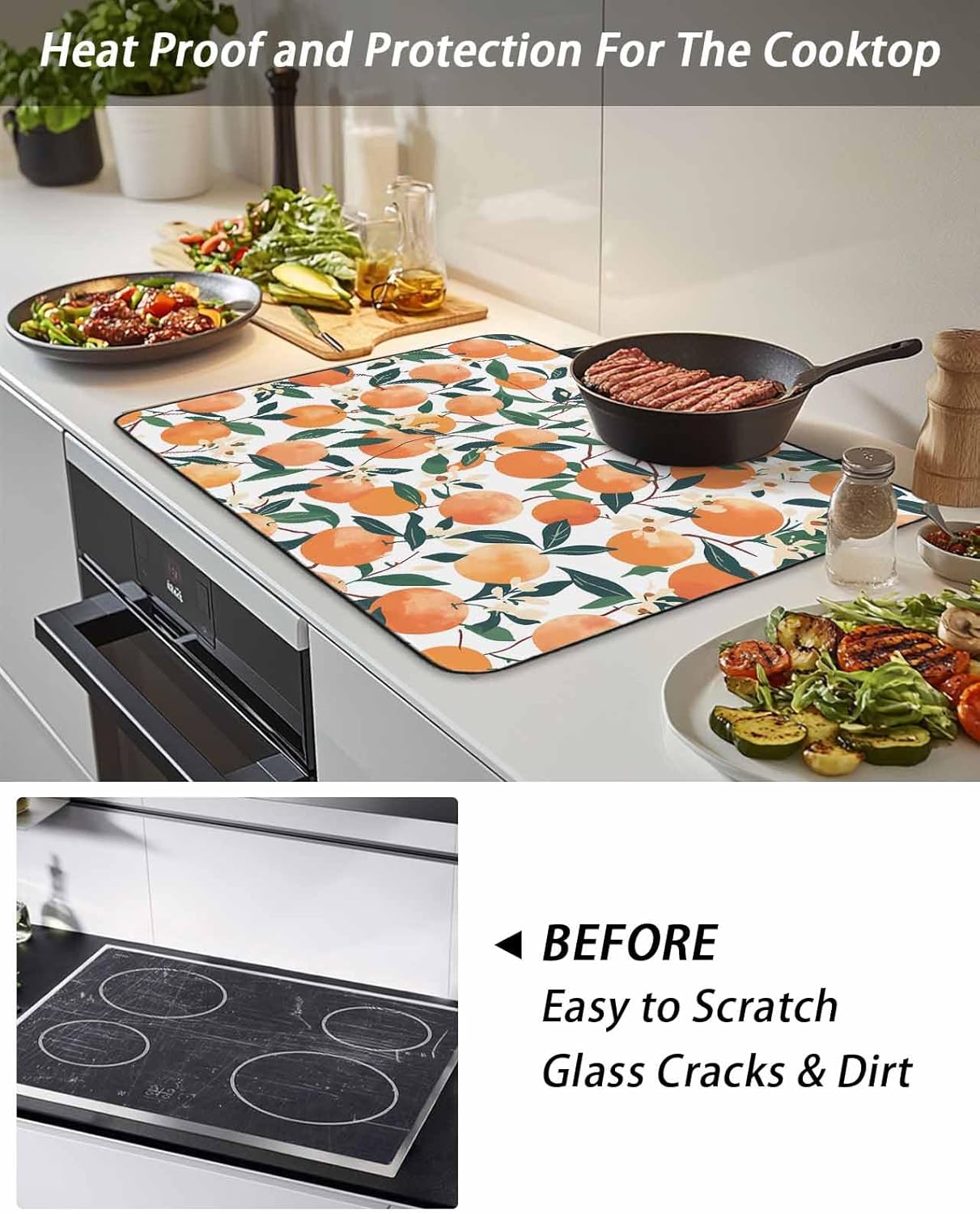 Stove Top Cover Floral Orange Stove Cover for Electric Stove Top Fruit Green Leaves Branches Glass Cooktop Covers Anti-Slip Mat Heat Resistant Countertop Protector Kitchen Decor 31"x24"