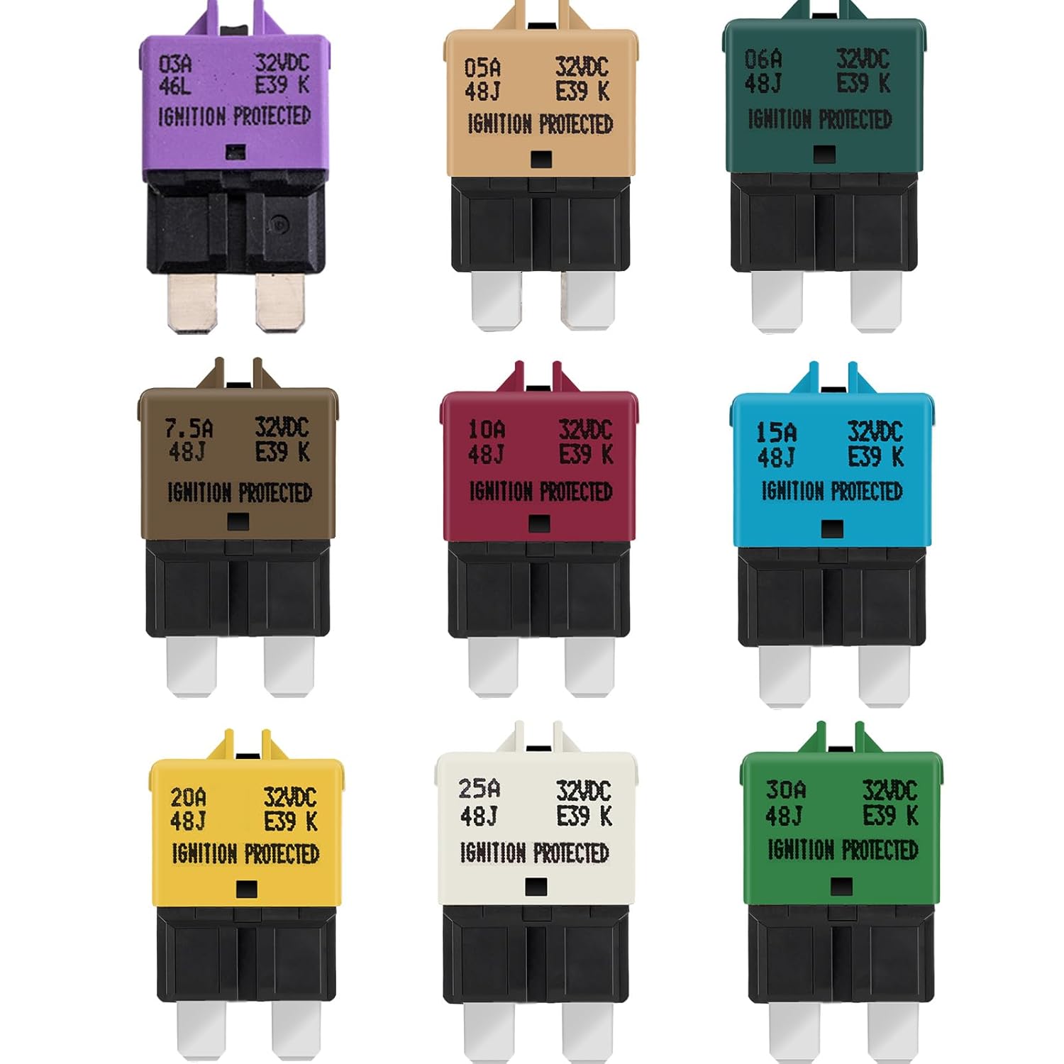 E39 Circuit Breaker Blade Fuse Manual T3 Reset Low Profile ATC/ATO 3-30A 32VDC UL-Rated Thermoplastic Body Color-Coded for Amperage(All Set)