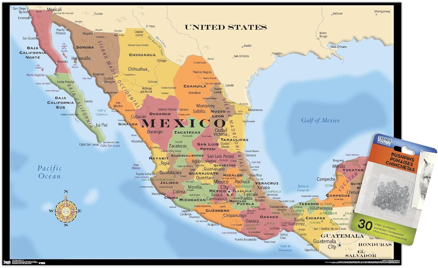 Trends International Map - Mexico Wall Poster, 22.37" x 34.00", Premium Poster & Push Pin Bundle