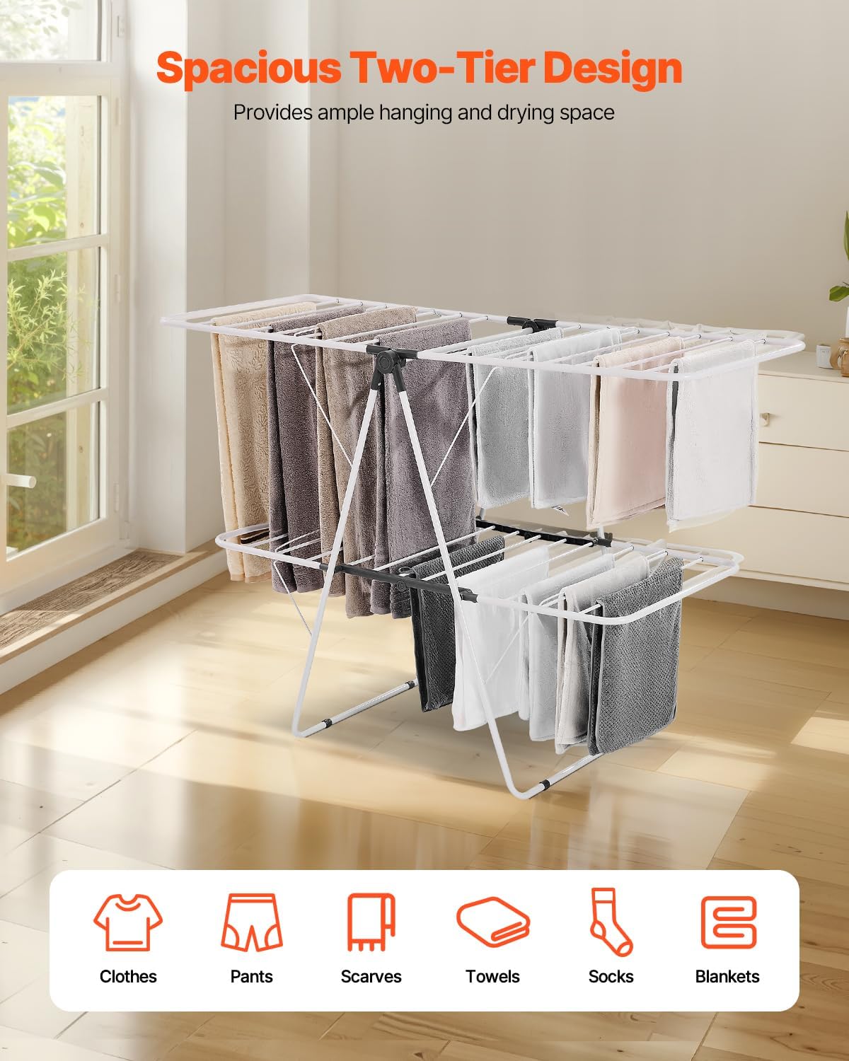 vevor clothes drying rack, 2-tier foldable laundry dryer rack with sock clips & 31 dry rods, metal height adjustable drying racks for outdoor & indoor, free-standing & space-saving hanger, white 59"d x 23.6"w x 41.7"h