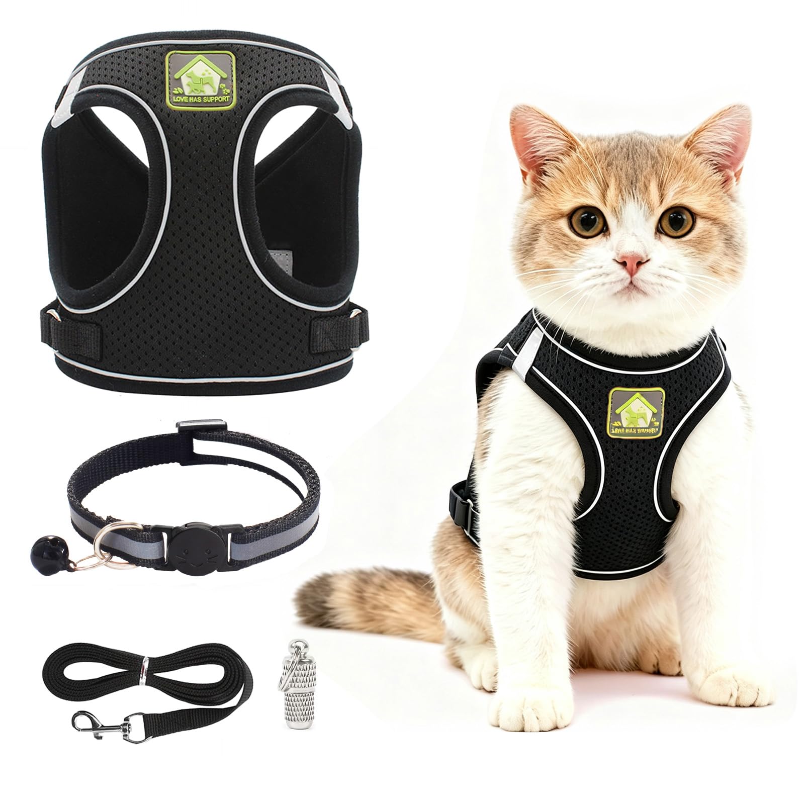 Kitten Harness and Lead Set, Cat Lead Escape Proof Adjustable Kitten Harness Breathable Soft Mesh Vest Harness and Lead with Reflective Strip for Small Medium Cats Pets Walking (Black, S)
