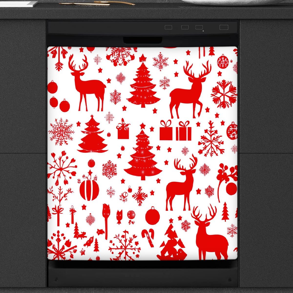 Dishwasher Covers for The Front Magnetic, Red Christmas Trees Deer and Snowflakes Kitchen Magnetic Dishwasher Cover Panel, Refrigerator Magnets Decoration for Holiday Home Decor 21x26 Inch